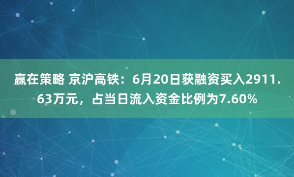 赢在策略 京沪高铁：6月20日获融资买入2911.63万元，占当日流入资金比例为7.60%
